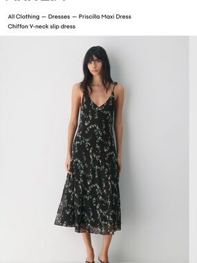 Aritzia Black Maxi Slip Dress with Green Floral Print